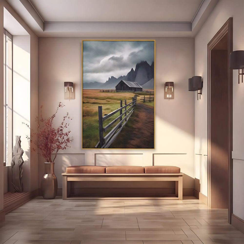 Tablou canvas cu tablou cu peisaj montan si gard de lemn, in rama de aluminiu auriu